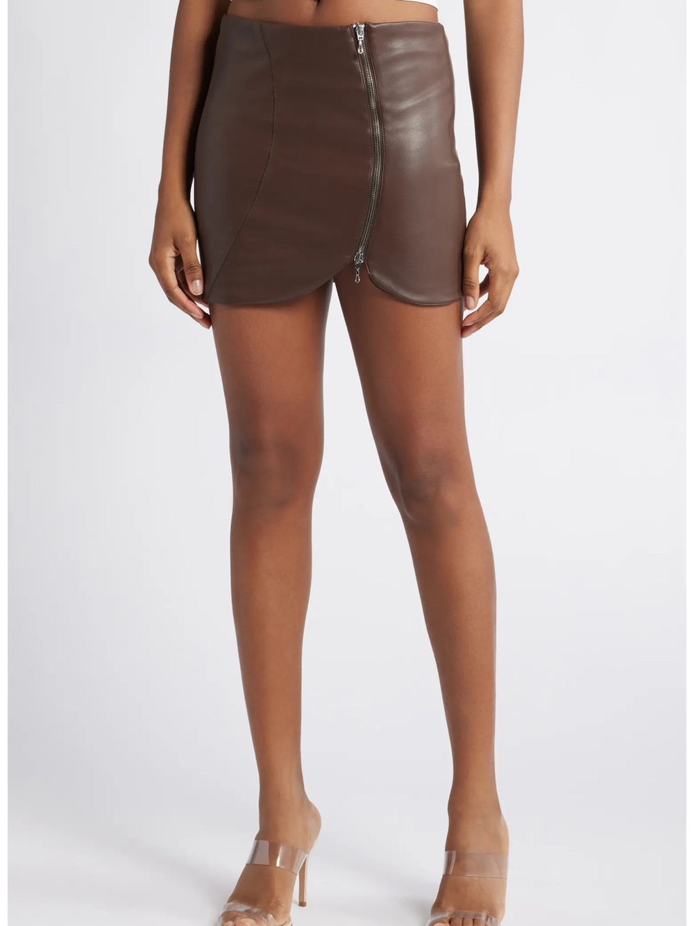 Zipper-Front Brown Faux Leather mistress rocks Mini Skirt